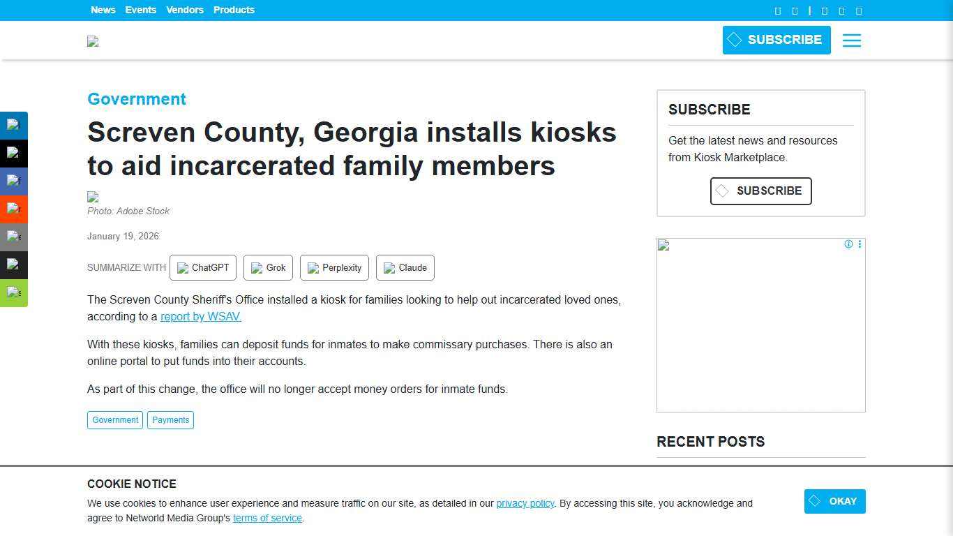 Screven County, Georgia installs kiosks to aid incarcerated family members Kiosk Marketplace