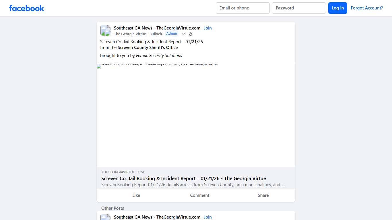 Southeast GA News - TheGeorgiaVirtue.com Screven Co. Jail Booking & Incident Report – 01/21/26 Facebook